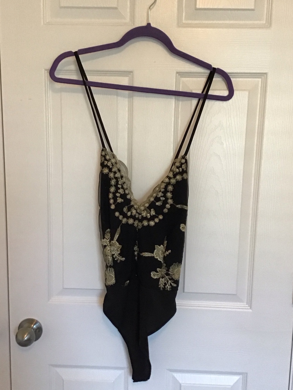 Fashion Nova Black Bodysuit with Gold Floral Applique